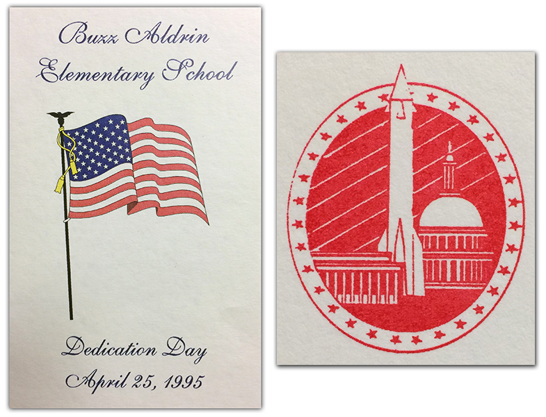 Photographs of the program booklet from Aldrin's dedication ceremony and a close-up of the school's original logo. The booklet is on the left. It is a white cover with an American flag printed in the center and the words Buzz Aldrin Elementary School, Dedication Day, April 25, 1995 printed with a cursive font. The school logo is oval in shape. In the center of the oval is a line-art illustration of the U.S. Capitol dome, the Lincoln Memorial, and a rocket in place of the Washington Monument. The oval is outlined by 32 small red stars. 