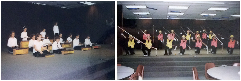 On the left is a photograph of the All-Star Orff Ensemble. 12 students are pictured. They are wearing white shirts and dark pants, and are sitting on a stage playing instruments. On the right is a photograph of the Solar Flares Dance Team. The students are wearing black shirts and pants with neon yellow and pink hats and vests. The students are dancing on a stage. 