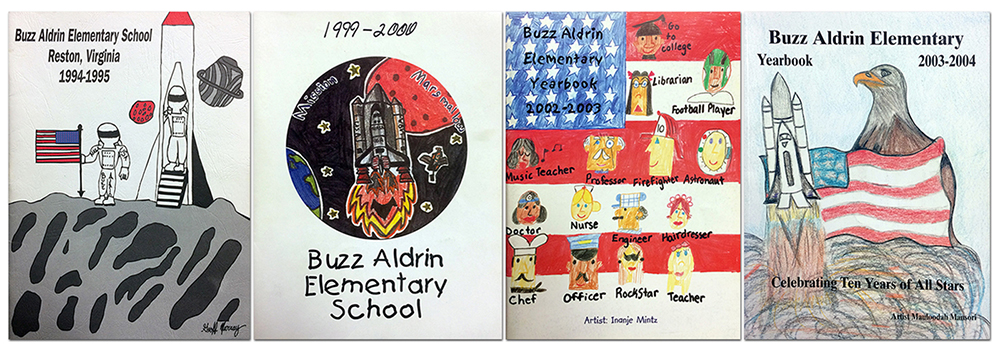 Composite photograph of four Aldrin Elementary School yearbook covers. On the left is the cover from 1994 to 1995. The cover art is a student-drawn illustration of two astronauts on the surface of the moon. One has planted an American flag on the ground and the other is descending the stairs from a rocket to the surface. To the right of this cover is the cover of the 1999 to 2000 yearbook. In the center there is an illustration of a Space Shuttle blasting off into space above the Earth. To the right of this cover is the cover of the 2002 to 2003 yearbook. The student-drawn artwork shows an American flag with illustrations of faces of people arranged above the flag’s stripes. Each person represents a different career path, such as chef, police officer, rock star, teacher, doctor, nurse, engineer, hairdresser, music teacher, professor, firefighter, astronaut, librarian, football player, and college student. On the far right is the cover of the 2003 to 2004 yearbook. This student-drawn cover shows a Space Shuttle blasting off in the foreground. To the right of the shuttle is an American flag, and behind the flag is a bald eagle.