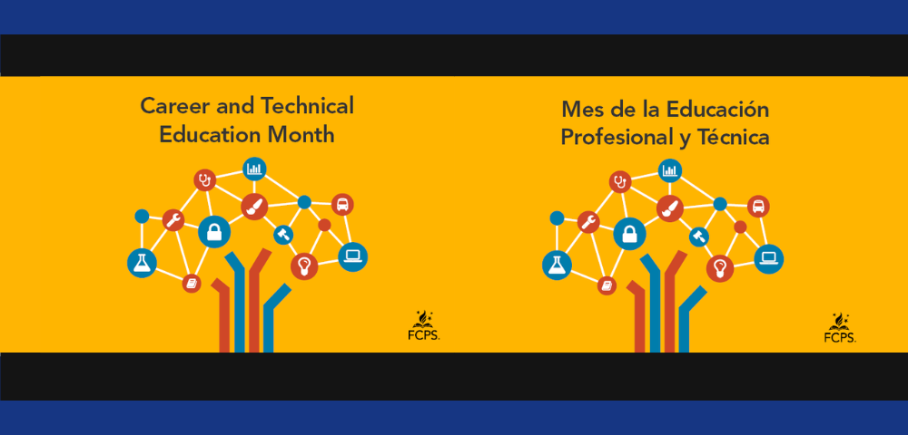 clipart tree with technical symbols  - Career and Technical Education Month in English and Spanish