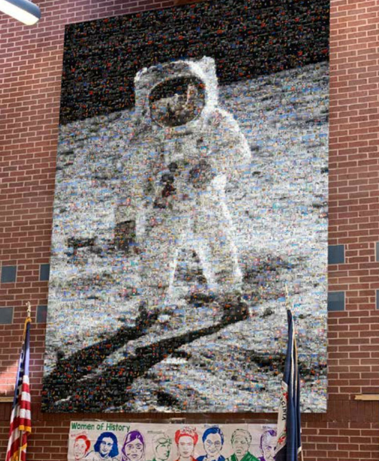 mosaic of aldrin walking on the moon on aldrin es lobby wall