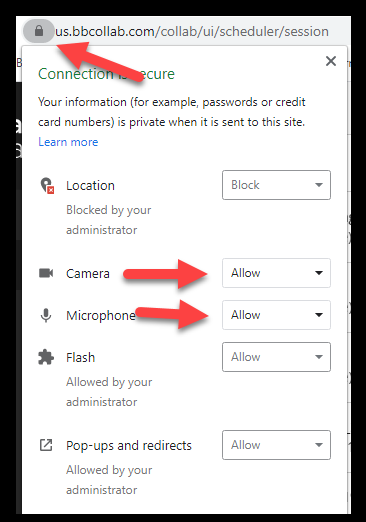 click lock next to url in settings click camera allow microphone allow