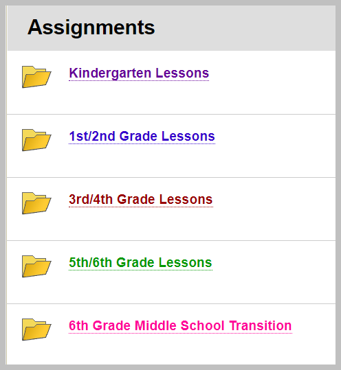 Lessons links for each grade level K-6