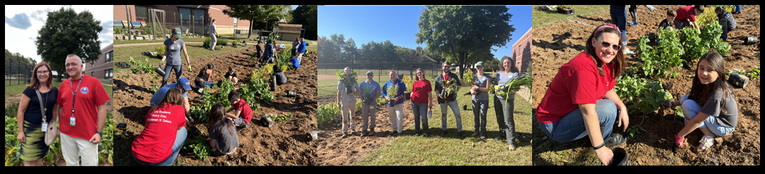 students planting plants and FCPS County Public Works volunteers supporting in the setup of the pollination garden