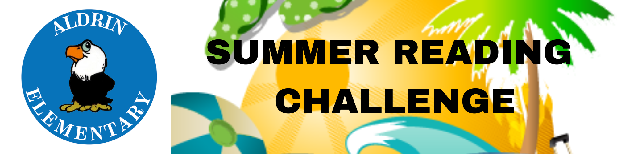 SUMMER READING CHALLENGE WITH EAGLE ON LEFT AND CLIPART OF BEACH OCEAN WAVES ON RIGHT
