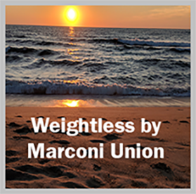 Weightless by Marconi Union word on a beach with ocean coming in at sunrise