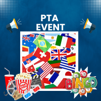 PTA Event with blow horns on each side of text, movie food, Bingo, and country flags clipart