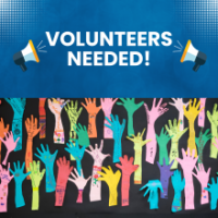 Volunteers Needed! hands up artwork below words