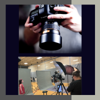 person holding a camera  on top and student getting their photo on bottom