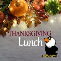 fall decorations around the words Thanksgiving Lunch with the Aldrin Eagle