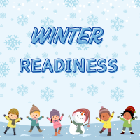 Winter Readiness words with snowy background and clipart children in winter clothing