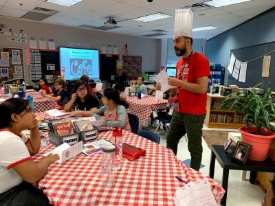5th grade reading cafe with students learning about different genres of book from chef sladki