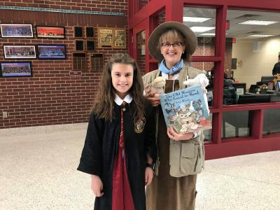 simons and student dressed up for book character day