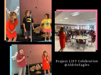 collage of 3 pictures of LIFT celebration student getting awards, sharing their books